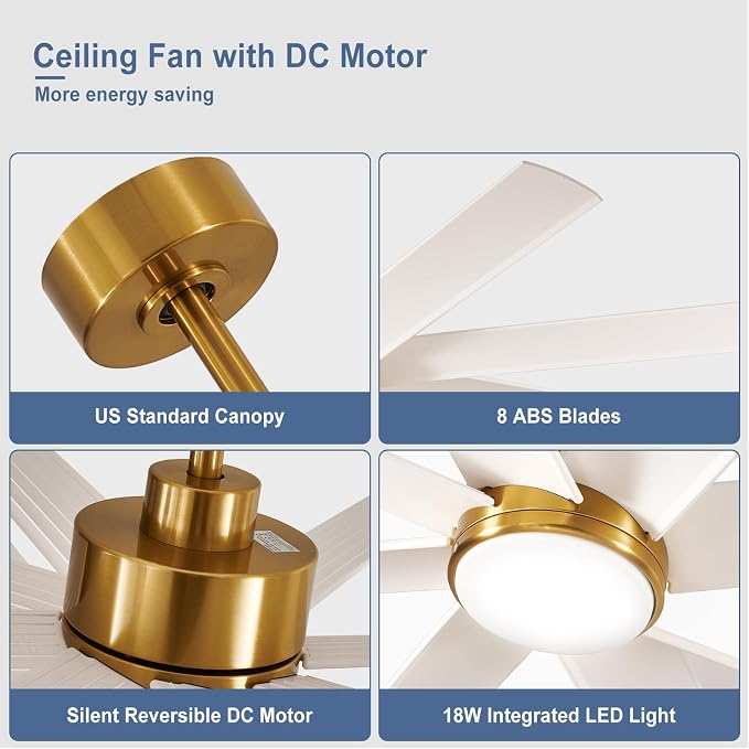 72" Ceiling Fan for Farmhouse: White and Gold Ceiling Fan with Remote 8 Blades 5-Speed Reversible DC Motor - Large Ceiling Fan with Light for Indoor Outdoor