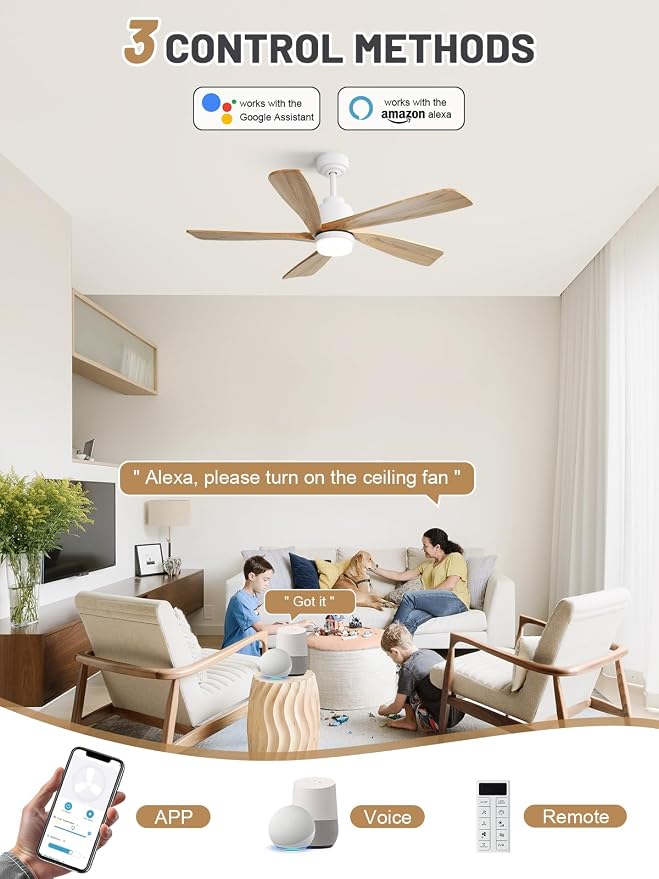 Sofucor Smart Ceiling Fan with Lights and Remote, 52 Inch Modern Wood Ceiling Fan for Indoor Farmhouse Bedroom Living Room Outdoor Patio Porch, Compatible with Alexa/App/Google Assistant