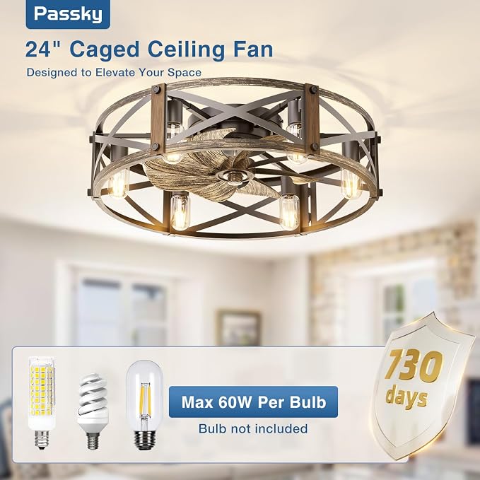 Passky 24" Farmhouse Flush Mount Ceiling Fans with Lights and Remote, Industrial Black Caged Low Profile Fandelier, 6 Speeds Bladeless Ceiling Fan for Bedroom, Kitchen, Living Room
