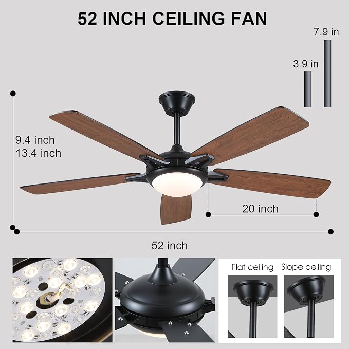 Kviflon 52 Inch Ceiling Fans with Lights and Remote, Modern Indoor Outdoor Ceiling Fan for Bedroom Living Room Patio Porch, 6 Speeds, Reversible Quiet Motor, Dual Finish Wooden Blades, Brown