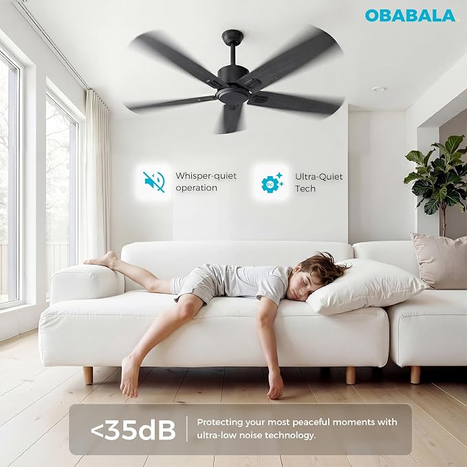 Obabala 52 Inch Ceiling Fan No Light, Modern Black Ceiling Fan Without Light with Remote & APP, Quiet Reversible DC Motor, 6-Speeds, for Living Room, Bedroom, Patio