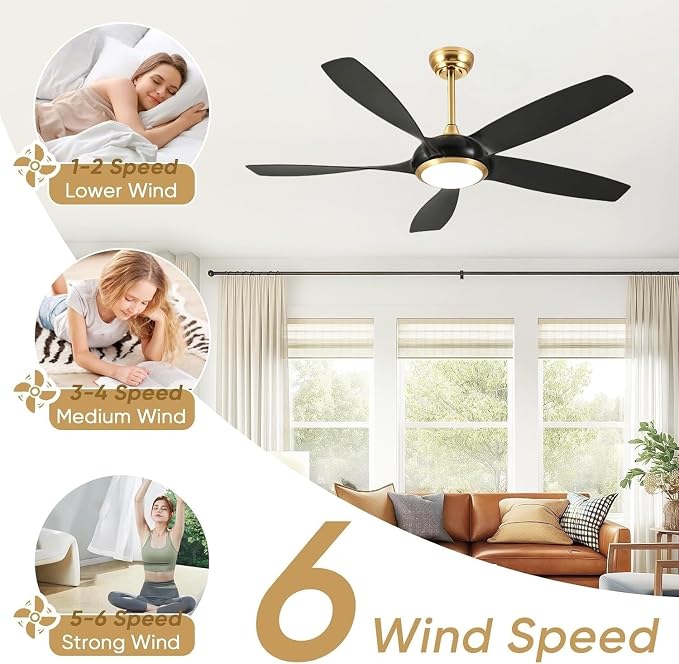 54'' Ceiling Fans with Lights, Indoor/Outdoor Modern Ceiling Fan with Remote, ABS Plastic Blades, Reversible DC Motor, 6 Speeds, 3 Color Lights, ETL Listed, for Bedroom Living Room (Black)
