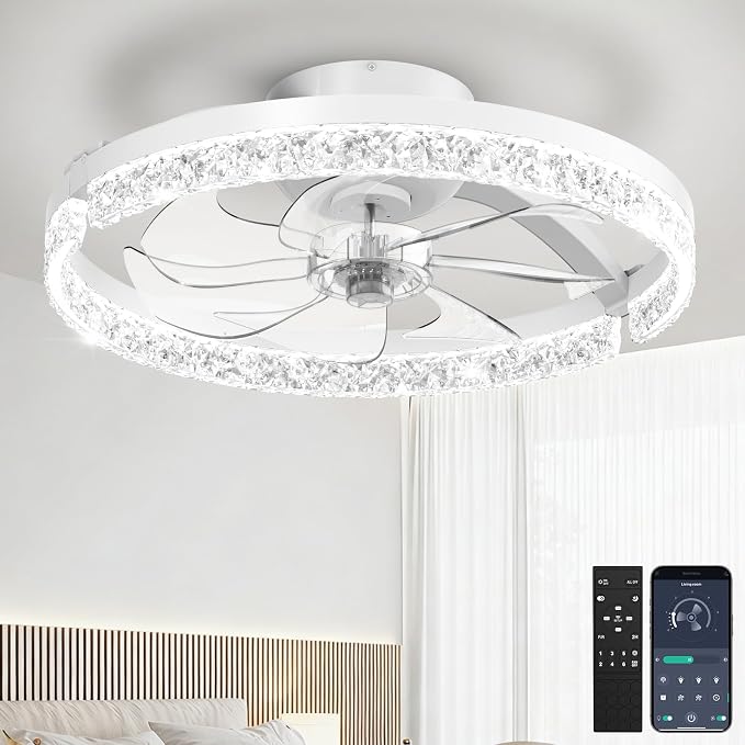 Ceiling Fans with Lights and Remote, Low Profile Ceiling Fan, Morden Flush Mount LED Fan Light, 3000K-6500K Dimmable for Bedroom, Kitchen, Living Room, Srystal, White