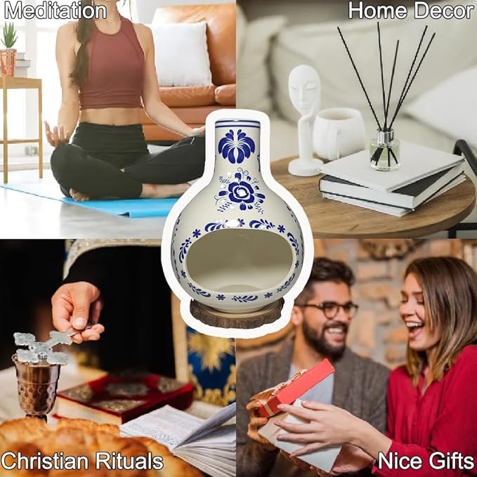 Ceramic Incense Holder Palo Santo Burner Talavera Mexican Pottery Decor for Home 7.5" Mini Chimenea Incense Burner for Sage Sticks Rituals, Christmas Yoga Spa Gifts