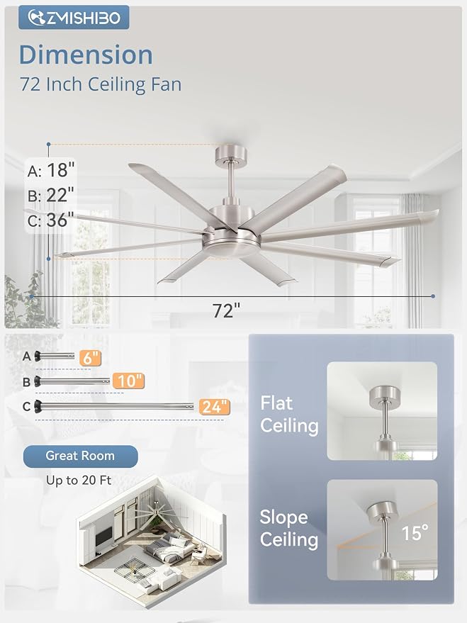 ZMISHIBO 72 Inch Large Ceiling Fan No Light, 8 Aluminum Blades, 6-Speed Remote Control, Industrial Ceiling Fan without Light, Quiet DC Motor, Indoor/Outdoor Ceiling Fans for Patio, Garage, Shop