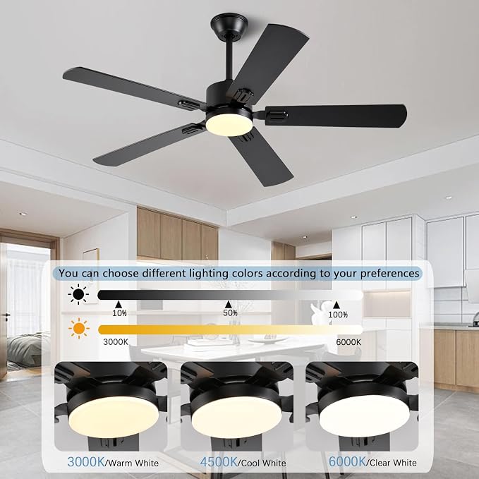 FUMLTP 52 inch Modern Ceiling Fans with Lights APP/Remote Control, Low Profile Reversible 6 Speeds Ceiling Fan Light for Indoor/Outdoor Patio Bedroom Living Room,Black