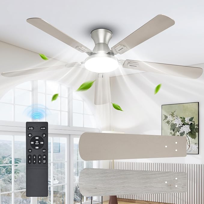 UME 60" Ceiling Fan with Lights & Remote, 6 Blades Low Profile Ceiling Fan, Quiet DC Motor, Natural Wind, 6 Speeds, 3CCT Dimmable 20W LED Modern Ceiling Fan for Bedroom, Living Room, Nickel