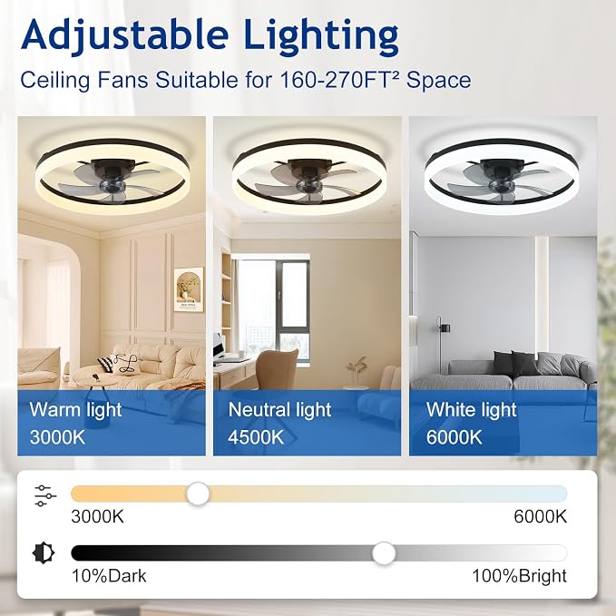 DLLT Bladeless Ceiling Fans with Lights: 24 Inch Modern Flush Mount Low Profile Ceiling Fan with APP Remote Control - Black Enclosed LED Fandelier Dimmable Quiet DC Motor for Bedroom Living Room