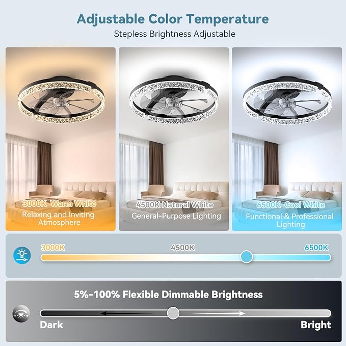 AIKVSXER Ceiling Fans with Lights and Remote, 20'' Low Profile Ceiling Fan with APP Control, 3000K-6500K Dimmable, Quiet Reversible DC, Modern Flush Mount Fandelier for Bedroom (Black-Crystal)