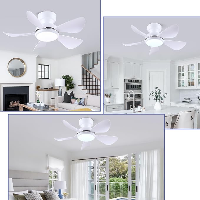 Kviflon 32 Inch Modern Ceiling Fans with Lights, Small Flush Mount Ceiling Fan with Light Remote Control, 5 Reversible 6 Speeds Curved Blades, 3 CCT Dimmable Lights for Bedroom Kids Room, White