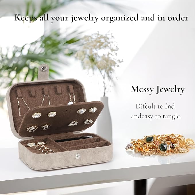 Hatori Travel Jewelry Box, PU Leather Small Jewelry Organizer for Women Girls, Double Layer Portable Mini Travel Case Display Storage Holder Boxes for Stud Earrings, Rings (Brown)
