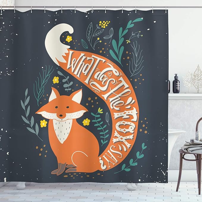 Ambesonne Vintage Shower Curtain, What Does The Fox Say? Hipster Animals Know Better Habitat Creature Illustration, Cloth Fabric Bathroom Decor Set with Hooks, 69" W x 84" L, Indigo Apricot Off White