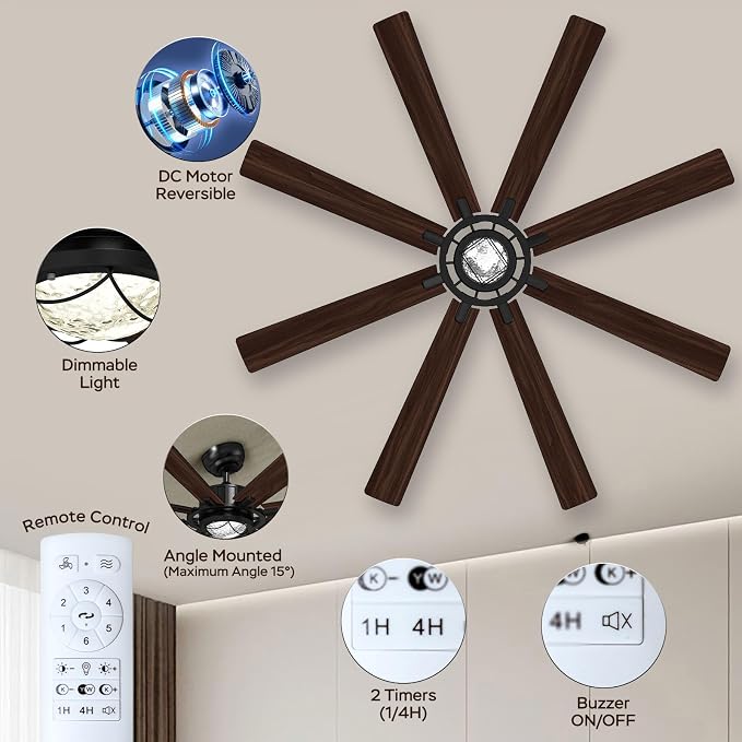 TALOYA 72 Inch Ceiling Fans with Lights and Remote Flush Mount Low Profile for Living Room Farmhouse Bedroom Patio Outdoor Dining Room,DC Motor,Reversible,Buzzer Mute,Dimmable Led Light,Rustic,Black