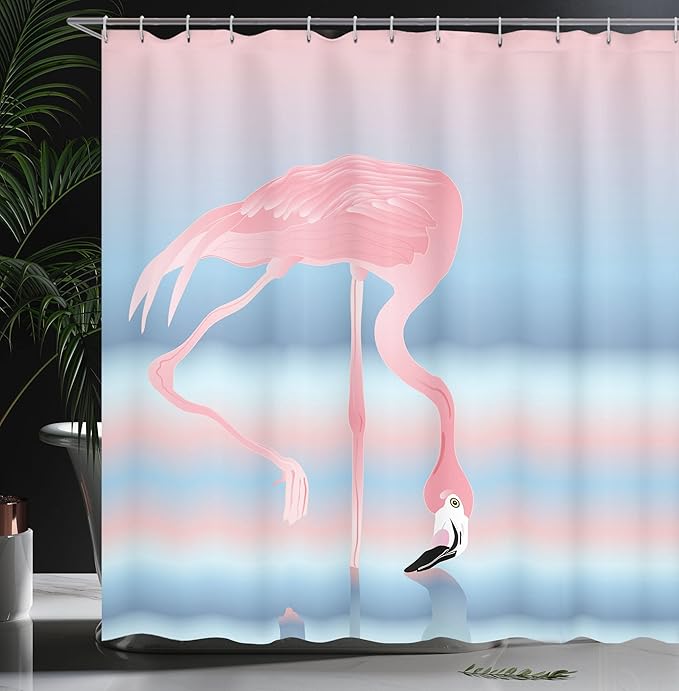 Ambesonne Flamingo Shower Curtain, Illustration of Royal Animal in The Lake Soft Pale Romantic Colors Art Work, Cloth Fabric Bathroom Decor Set with Hooks, 69" W x 70" L, Pink Blue