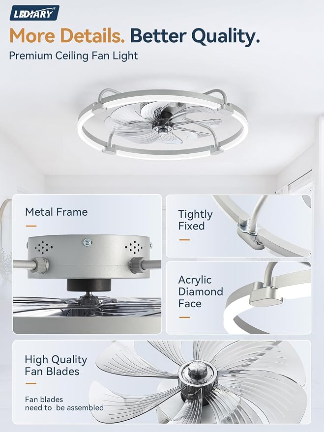 LEDIARY Ceiling Fans with Lights and Remote, Low Profile fan Light, Grey | 24 Inch 3000K-6000K Stepless Dimmable Fandelier, Reversible DC Motor, Remote and APP Control, Bedroom Kitchen Living Room