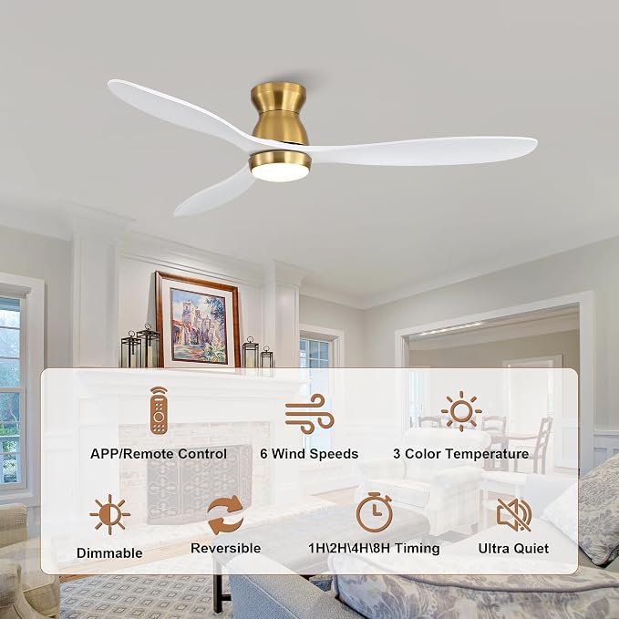 52 Inch White Ceiling Fan with Light and Remote & APP Control, 3 Wooden Blades, 6 Wind Speeds, Quiet DC Motor, Indoor Low Profile Ceiling Fan for Bedroom Living Room Farmhouse Patio
