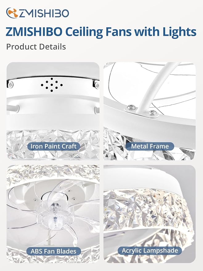 ZMISHIBO Ceiling Fans with Lights, Low Profile Ceiling Fan with Light and Remote, Flush Mount Ceiling Fan, Reversible, Dimmable, Noiseless, 15.7 inch Small Ceiling Fans for Bedroom, Indoor Use - White