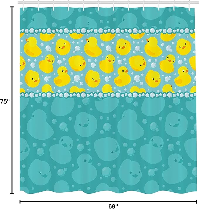 Ambesonne Rubber Duck Shower Curtain, Cartoon Style Duckies Swimming in Water Pattern Fun Bubbles Aqua Colors, Cloth Fabric Bathroom Decor Set with Hooks, 69" W x 75" L, Teal Blue