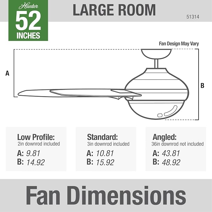 Hunter 52 inch Indoor Ceiling Fan with LED Light and Remote Control - Black Modern Smart Ceiling Fan, Standard Mount, 5 Blades, For Bedroom, Living Room, or Kitchen, Quiet- Aerodyne 51314, Matte Black | with LED Light and Remote Control, Standard Mount...