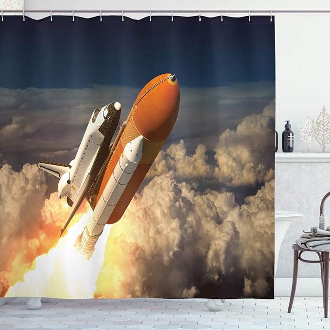 Ambesonne Outer Space Shower Curtain, Space Shuttle in Clouds Scene Historical Liftoff Enterprise Success Picture, Cloth Fabric Bathroom Decor Set with Hooks, 69" W x 84" L, Mustard Grey