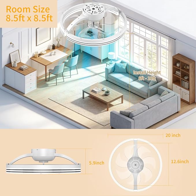 Ceiling Fans with Lights and Remote, 20" Low Profile Flush Mount Ceiling Fan, 3000-6500K Dimmable LED Fandelier, 6 Quiet Speeds for Bedroom