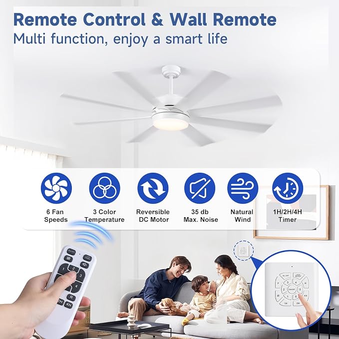 65 Inch Ceiling Fans with Lights, Ceiling Fans with Lights and Remote, Dimmable, Indoor/Outdoor White Modern Ceiling Fan for Kitchen Living Room Patio, Shop Industrial, Dual Finish 8 Blades