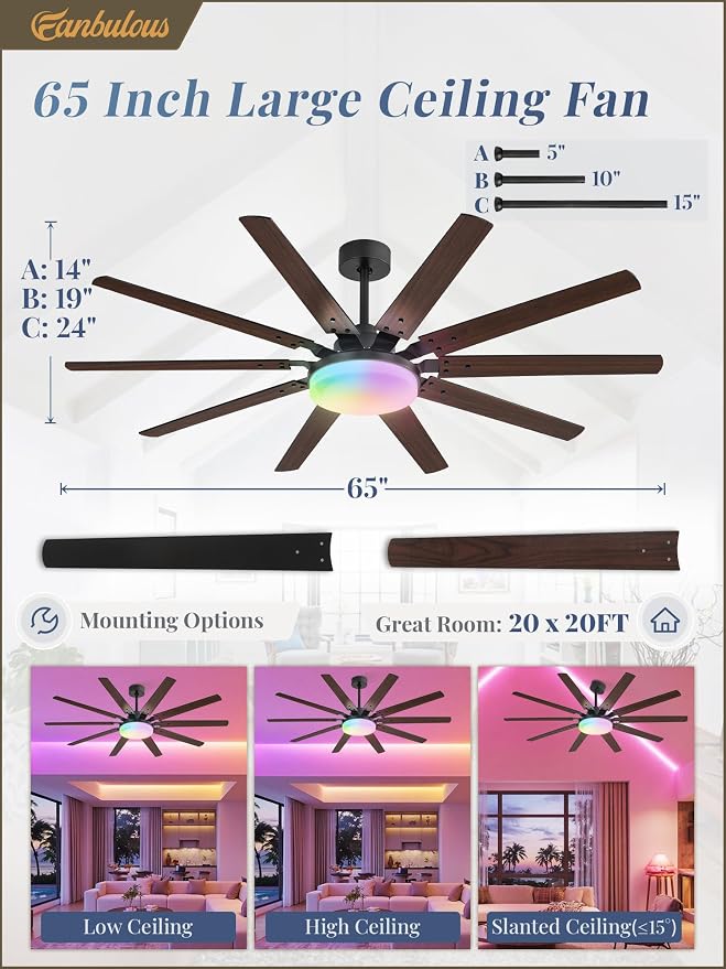 Fanbulous 65 inch RGB Ceiling Fans with Lights and Remote, Outdoor Black Ceiling Fan with 10 Blades, 32W LED light 3 CCT, 6 Speed Reversible Quiet DC Motor, Modern Ceiling Fan for Living Room Patio