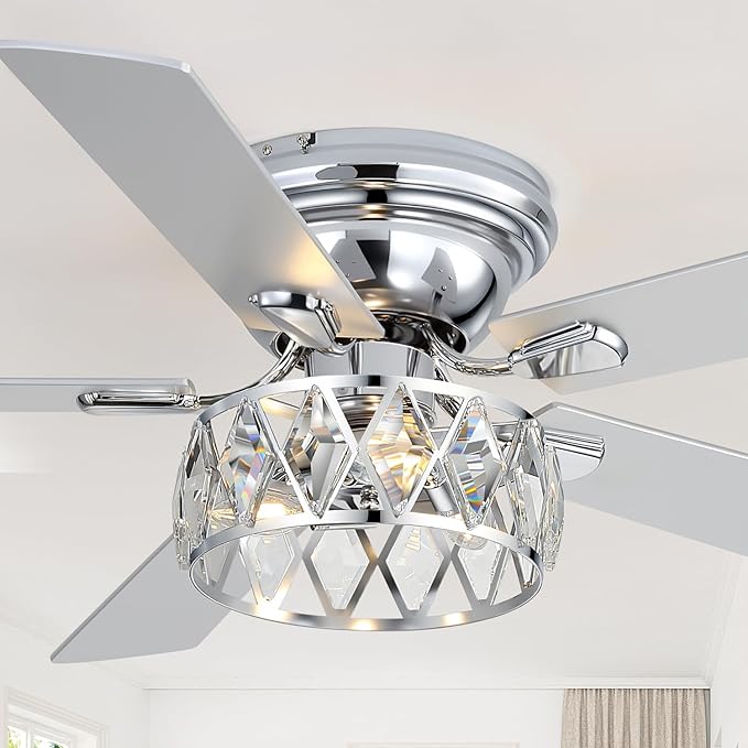 52 Inch Flush Mount Ceiling Fans with Lights and Remote, 5-Blade, 6-Speed Reversible DC Motor, Modern Low Profile Ceiling Fan Crystal Fandeliers for Bedroom Living Room Kitchen (Chrome)