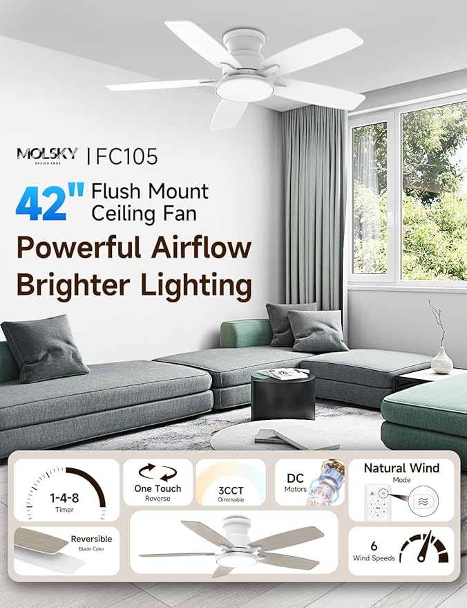 Flush Mount Ceiling Fan with Light, 42 Inch, Remote Control, 3CCT Dimmable LED, 6-Speed Silent Reversible DC Motor, Low Profile Hugger Ceiling Fan for Indoor/Outdoor 90-264V 50/60Hz Fresh White