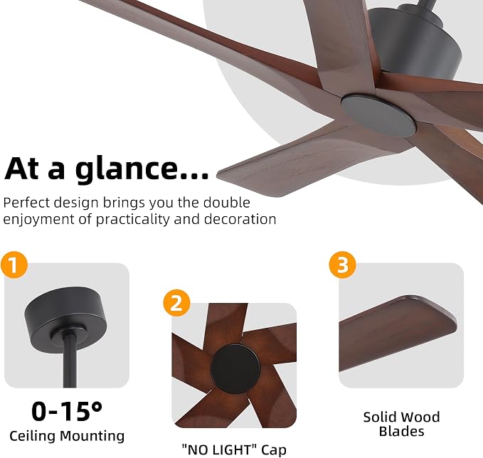 WINGBO 48" DC Ceiling Fan No Light - 5 Carved Solid Wood Blades, 6-Speed Reversible DC Motor, Ceiling Fan without Lights for Living Room Bedroom Kitchen Patio, Indoor and Outdoor, Black and Walnut