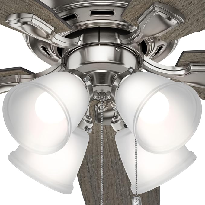 Hunter Amberlin, Indoor, Ceiling Fan, Pull Chain, 52 inch, Brushed Nickel | with LED Lights, Standard Mount, 5 Blades, For Bedroom, Living Room, Includes Bulbs, 53216
