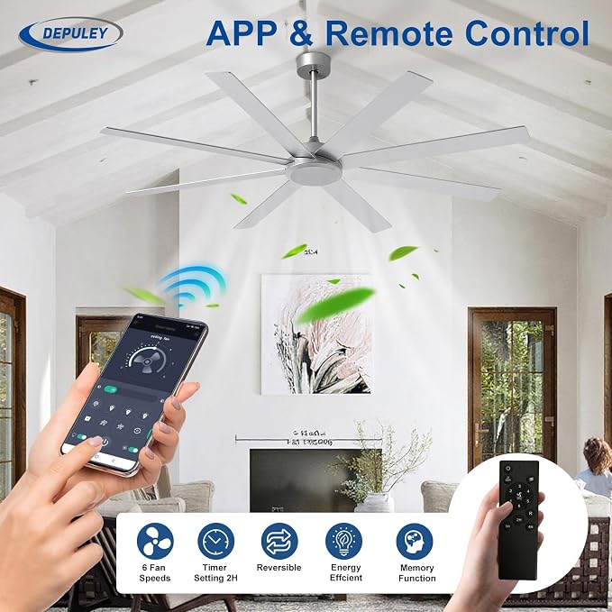 Depuley Large Ceiling Fan without Light: 72 Inch Indoor/Outdoor Fan Reversible DC Motor 6 Speed - Dual 8 Blades Big Ceiling Fans with No Light for Living Room Covered Patio, Silver
