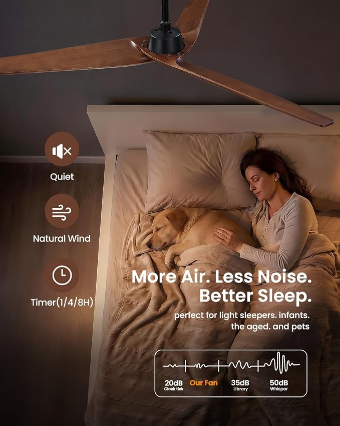 Skylike 60in Modern Wood Ceiling Fan No Light with Remote for Bedroom-Dark | Real Wood Blades, Quiet DC Motor,Reversible,Beep-Off Function,6 Speeds,3 Timers,12" downrod,Indoor and Outdoor
