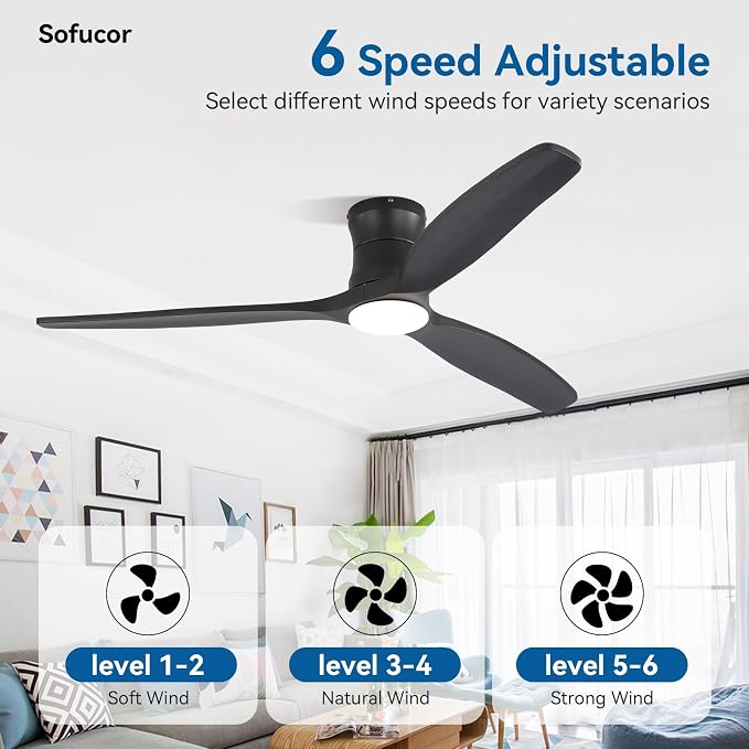 Sofucor 52" Smart Ceiling Fan, Solid Wood Ceiling Fan with Lights and Remote, Flush Mount Ceiling Fan Works with Alexa/Google/App, Dimmable 6-Speed Timing Reversible DC Motor for Bedroom Living Room