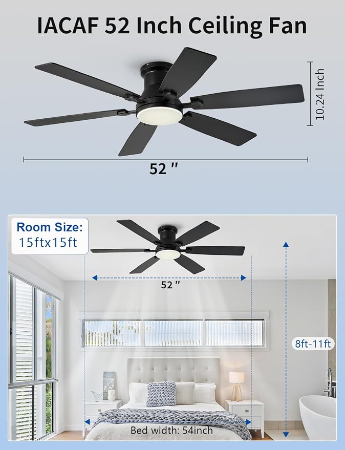 52 inch Low Profile Ceiling Fan with Light and Remote/APP Control, LED Dimmable, 3CCT, DC Reversible Motor, Modern, 6 Speeds, Black Flush Mount Ceiling Fans for Bedroom Living Room/Outdoor Use