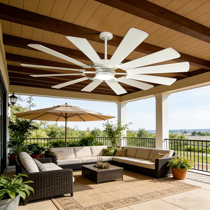 White Outdoor Ceiling Fan with Light and Remote 12-Blade, 62 Inch Modern Ceiling Fan with High CFM, Wind Mill Dual Color Blades, 3 Downrods, DC Motor for Patio Shop Garage Farmhouse Barn