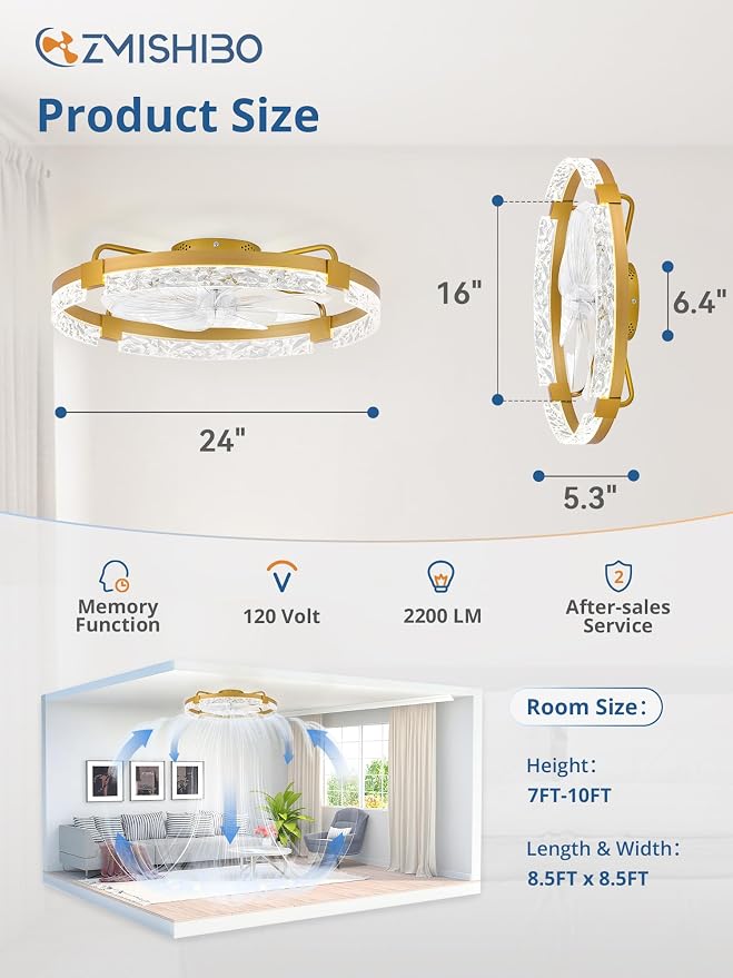 ZMISHIBO 24 Inch Flush Mount Ceiling Fan with Light, Bladeless Low Profile Enclosed Fan for Bedroom Kids Room, 6 Speeds Reversible DC Motor, 3CCT Dimmable Smart App Control