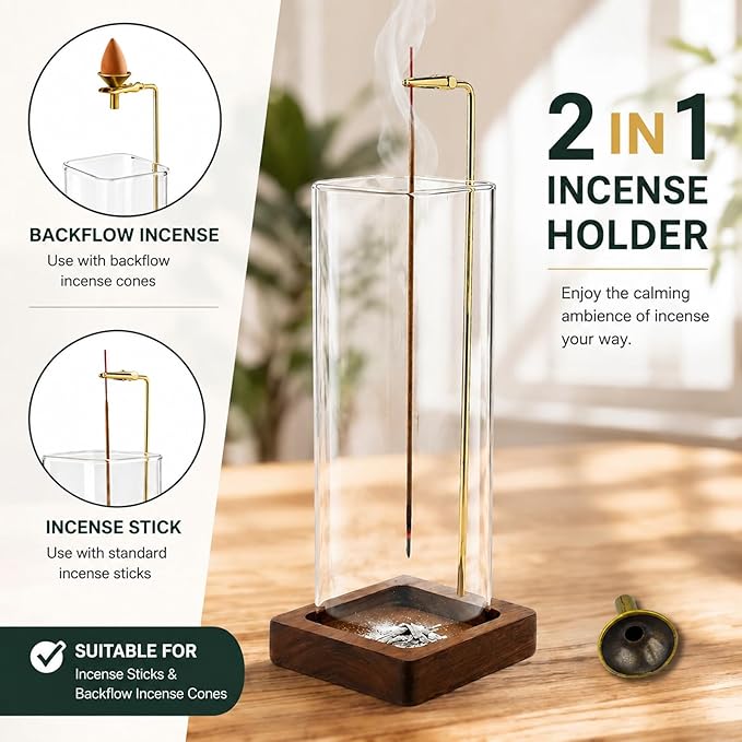 Glass Incense Holder, Hanging Incense Stick Burner with Ash Catcher, 2 in 1 Backflow Cone Holder on Wooden Base, Anti-Ash Zen Decor for Meditation, Yoga（Square）