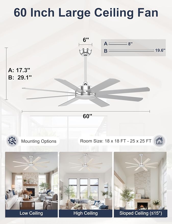 60'' Silver Ceiling Fan With No Lights for Indoor/Covered Outdoor | Remote/APP Control, 5980 CFM Airflow, Quiet DC Motor, Reversible Airflow, 8 Blades Modern Overhead Fan for Patio, Garage