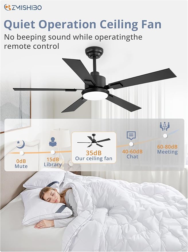ZMISHIBO 52 inch Black Ceiling Fans with Lights and Remote, Indoor/Outdoor Modern Ceiling Fan for Bedroom Living Room Patio, 6 Speed Reversible Quiet DC Motor, 3 CCT, Dual Finish Blades