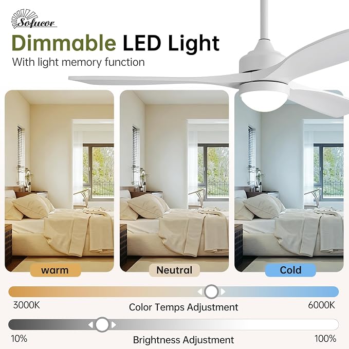 Sofucor 52" Solid Wood Ceiling Fan Lights, Flush Mount & Downrod Mount Ceiling Fan with Lights and Remote, Wood Blades Modern Outdoor Ceiling Fans for Bedroom/Farmhouse/Patio/Indoor