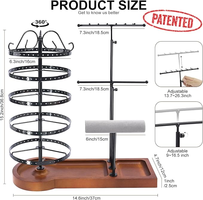 Jewelry Organizer Stand, Metal Rotating Earring Holder Organizer, Multi-Functional Adjustable Necklace Rack Holder Bracelet Watch Holder for Jewelry Earrings Ring, Black