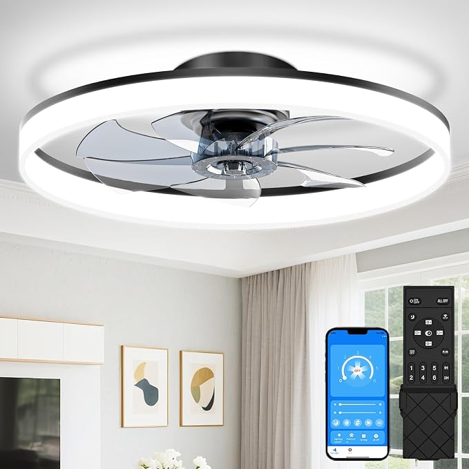 VOLISUN Low Profile Ceiling Fans with Lights and Remote, 24in Fandelier Ceiling Fan Flush Mount, 3000K-6500K Smart Bladeless LED Fan Light, Black Modern Ceiling Fans with Lights for Bedroom