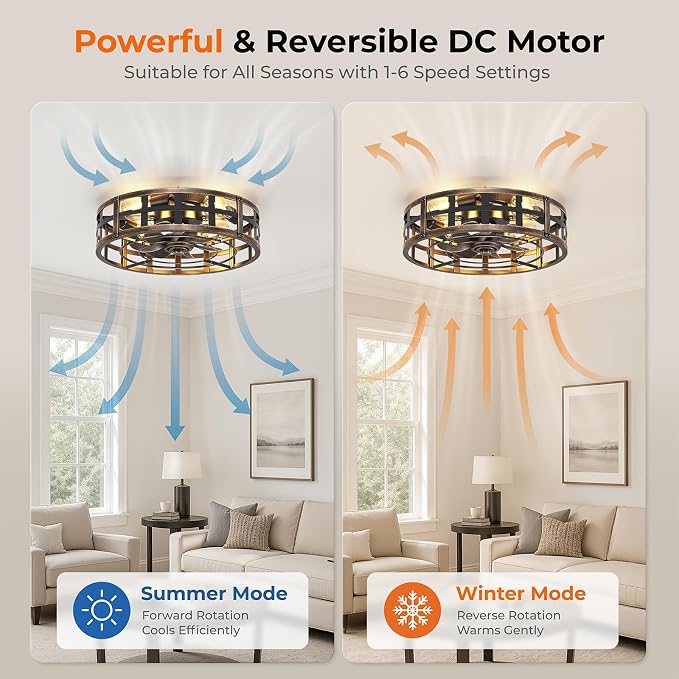 BLNAN 20" Farmhouse Ceiling Fan with Lights and Remote, Industrial Caged Low Profile Flush Mount Industrial Fandelier, 6 Speeds Bladeless Fan Lights for Bedroom, Kitchen, Living Room, Black Gold