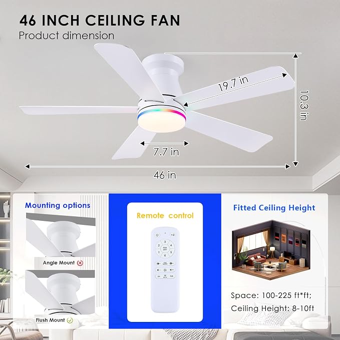 Hounberi 46 Inch Flush Mount Ceiling Fan with RGB Light and Remote, Modern White Low Profile Ceiling Fan for Low Ceilings, 3CCT Dimmable LED, 6 Speeds Quiet Reversible Motor for Bedroom & Living Room