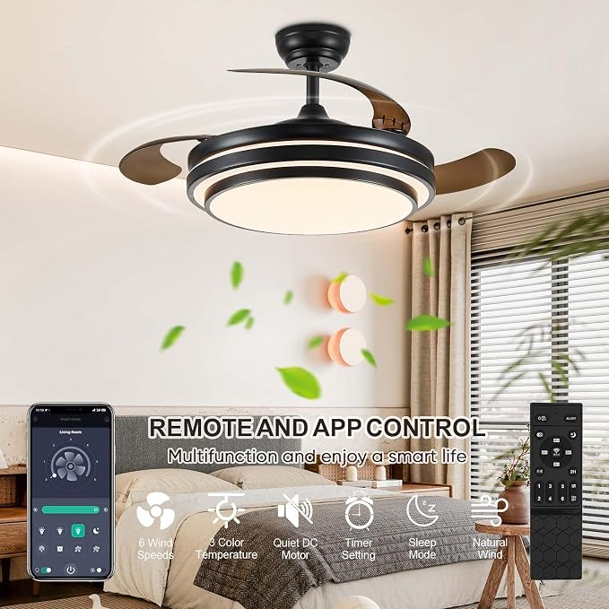 FIDGRA 42 Inch Fandelier Ceiling Fan with Light, Retractable Ceiling Fan with Lights for Bedroom Living Room Dinning Room, Chandelier with Fan 6 Speed, 3 Color Temperature-Black