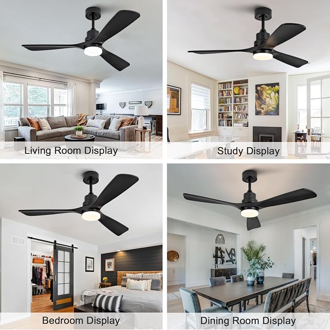 52 Inch Black Ceiling Fans with Lights and Remote,Dimmable,Quite Reversible DC Motor,Memory Function,Modern Solid Wood Indoor Outdoor Ceiling Fan with light for Patio Bedroom