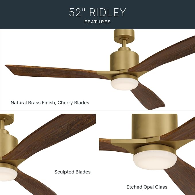 Kichler Ridley II 52" Ceiling Fan and Light Kit in Natural Brass, 3-Blade LED Ceiling Fan in Cherry Finish, 3000K, (52" W x 14.5" H), 300027NBR