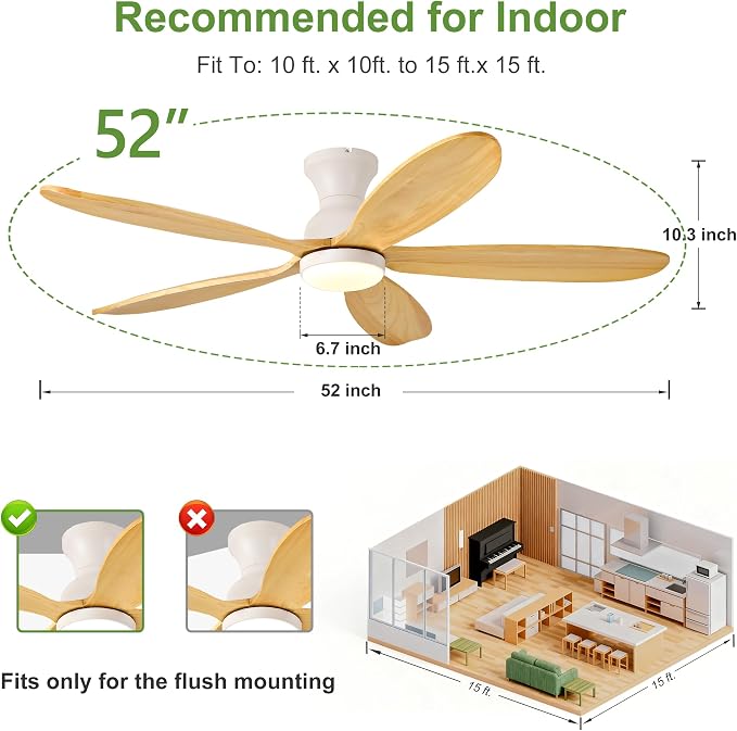 52 Inch Flush Mount Ceiling Fans with Lights, Remote, Dimmable, Power-Off Memory, Quiet DC Motor,5 Blades Wood Ceiling Fan with Light, Low Profile Outdoor/Indoor Hugger Ceiling Fan for Patio