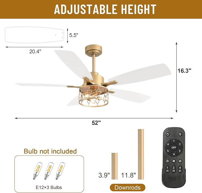 Farmhouse Caged Ceiling Fan with Light & Remote Control | Reversible Quiet DC Diamond Iron Cage Fan,6 Speed 1/2/4H Timer Dual-Sided Wood Blades with 2 Downrods for Living Room Bedroom
